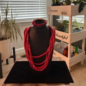 Chico’s Beaded Ombré from Tan to Blood Orange Necklace * Bracelet Jewelry Set